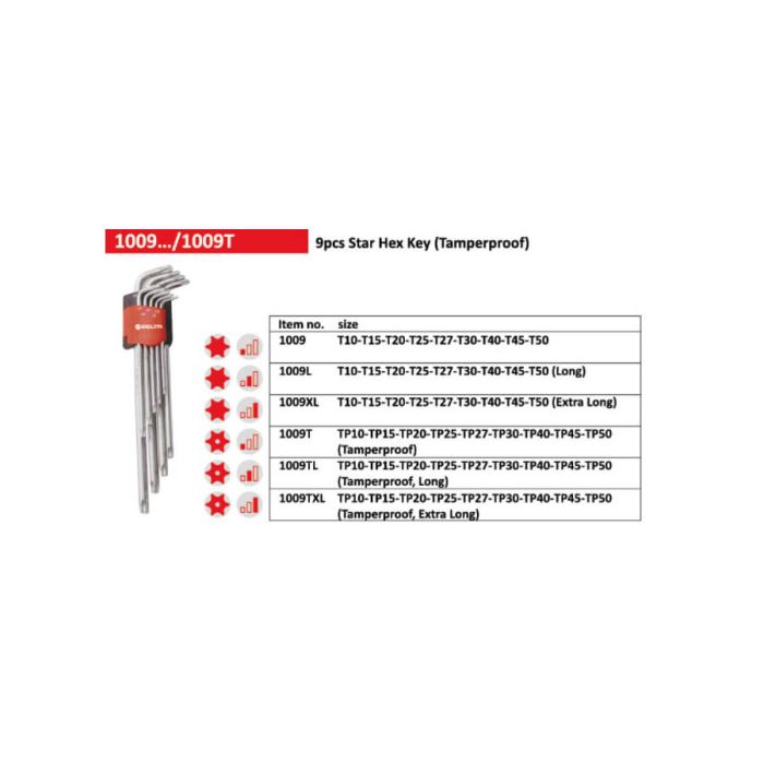 Набор ключей TORX Т10-Т50 Г-образных с отверстием 9 пр